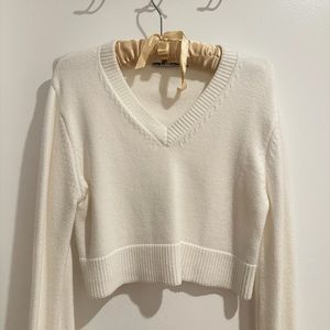 ZARA White V-Neck Cropped Sweater